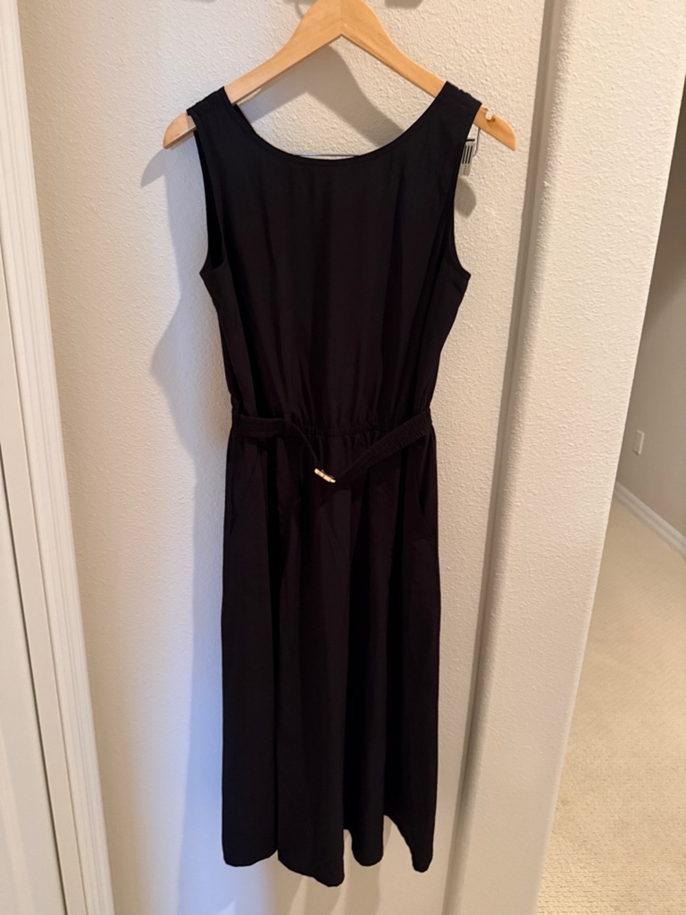 Calvin Klein Black Sleeveless Midi Dress with Waist Tie